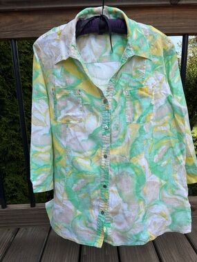 JM Collection Linen 100% button-Up Shirt in Mint Green & Lemon Swirl